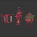Traditional Chinese Architectural Models with Red Wooden Frames Green Roofs and Decorative Eaves