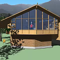 Modern Single Family House With Wooden Structure Brick Walls Sloped Roof Large Glass Windows Patio