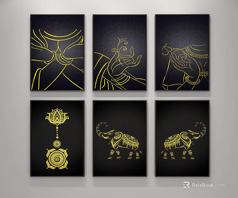 Decorative Black Background Wall Art Featuring Golden Lotus Elephant And Hand Patterns 3d model