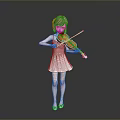 Girl playing violin in white dress wearing headphones with pink hair and gray background