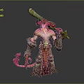 Fantasy Game Movie Character Featuring Red Horns Pink Body Large Sword Orange Cloak And Tail