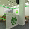 Bright Green Restaurant Interior With Wooden Tables Green Chairs And Menu Boards