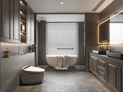 Modern Bathroom Interior Design With Freestanding Bathtub Double Vanity Dark Cabinets And Large Mirror 3d model