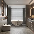 Modern Bathroom Interior Design With Freestanding Bathtub Double Vanity Dark Cabinets And Large Mirror