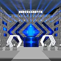 Modern Stage Platform Design With Blue Lighting Metal Frame LED Screens And Hexagons