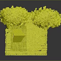 Treehouse With Red Roof Yellow Walls White Fence Surrounded By Two Trees And Base Decorations