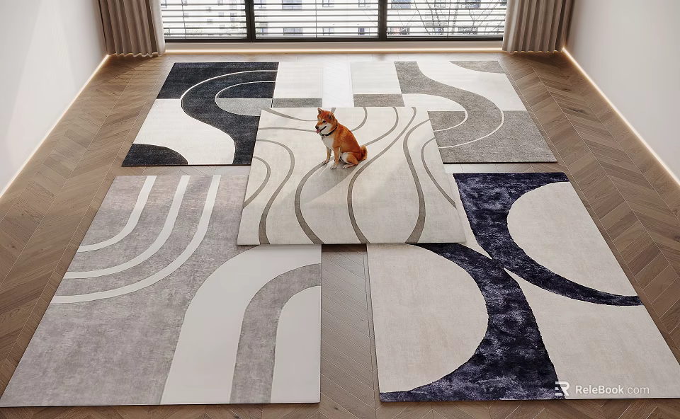 Modern Square Rugs with Geometric Patterns in Neutral and Dark Blue Tones for Home Decor 3d model 