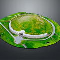 Cartoon Scene Of Round Fortress With Green Grass Pathway And White Circular Wall Entrance
