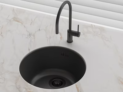 Round Black Kitchen Sink With High Arc Faucet On Marble Countertop 3d model