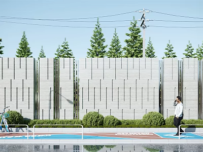 Modern Building Exterior Wall With Vertical Lines And Surrounding Trees 3d model