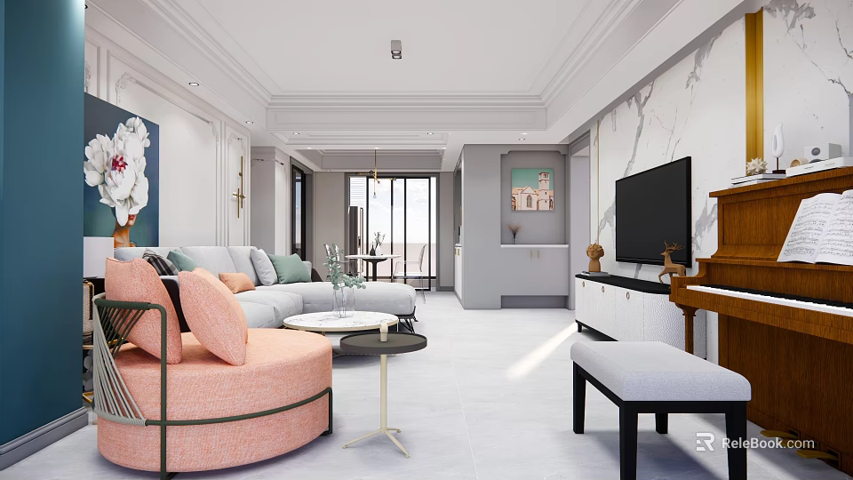 Modern Living and Dining Room Interior Design With Sofa Armchair TV Piano And Marble Wall 3d model 