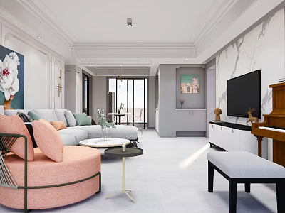 Modern Living and Dining Room Interior Design With Sofa Armchair TV Piano And Marble Wall 3d model