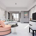 Modern Living and Dining Room Interior Design With Sofa Armchair TV Piano And Marble Wall