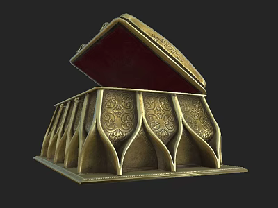 Vintage Style Ornate Golden Decorative Box With Red Interior And Intricate Patterns 3d model