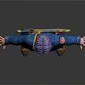 Anime Style Game Character With Purple Hair Blue Jacket Black Pants Yellow Boots And Weapon