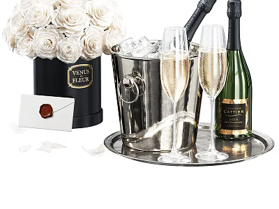 Champagne Wine Bottles and Glasses in Ice Bucket on Tray with White Roses 3d model