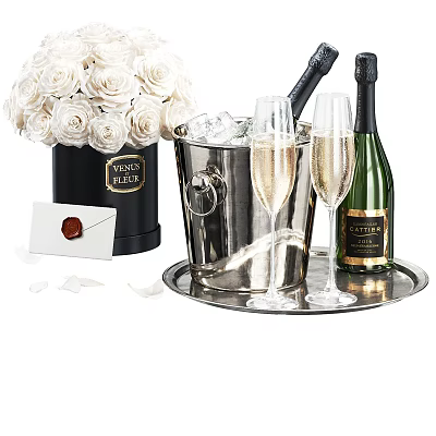 Champagne Wine Bottles and Glasses in Ice Bucket on Tray with White Roses 3d model