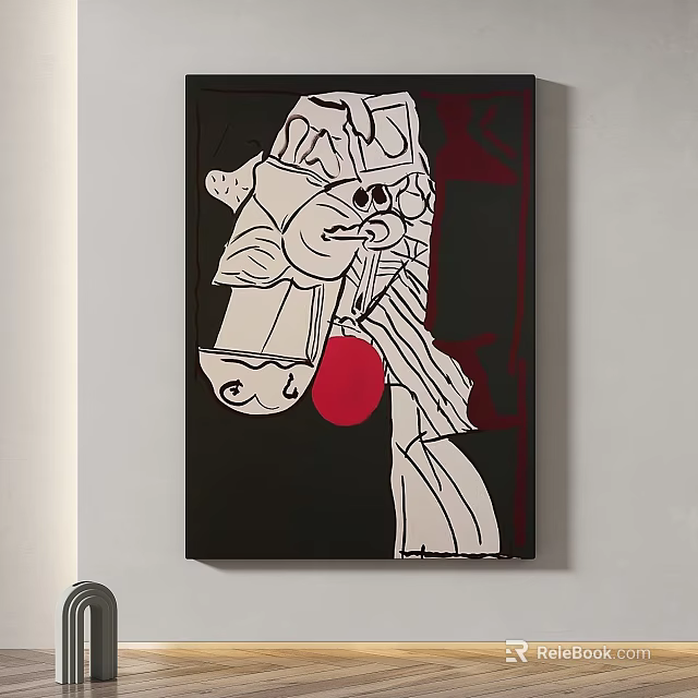 Stylish Abstract Painting With Black White Tones And Red Circular Elements 3d model