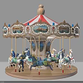 Colorful Carousel Amusement Ride With Decorative Horses And Red White Striped Canopy