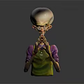 3D Alien Character With Large Head And Clasped Hands In Colorful Outfit