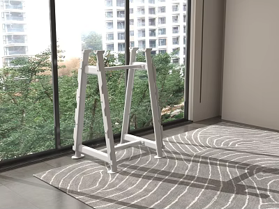 White Standing Rack in Room With Large Window Green Trees and Gray Carpet 3d model
