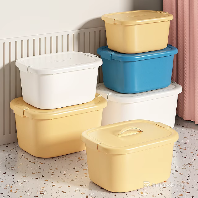 Colorful Lidded Plastic Storage Boxes Stacked Yellow White And Blue For Home Organization 3d model 