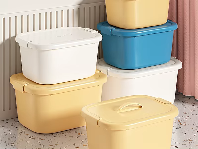 Colorful Lidded Plastic Storage Boxes Stacked Yellow White And Blue For Home Organization 3d model