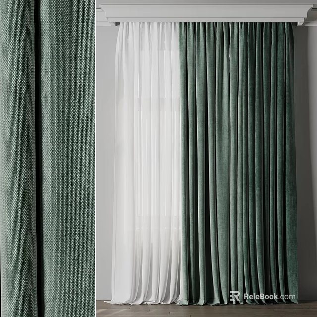 Modern Green Curtain With Textured Fabric And Sheer Layer For Interior Decoration 3d model 