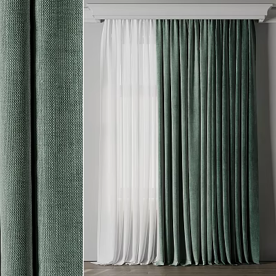 Modern Green Curtain With Textured Fabric And Sheer Layer For Interior Decoration 3d model