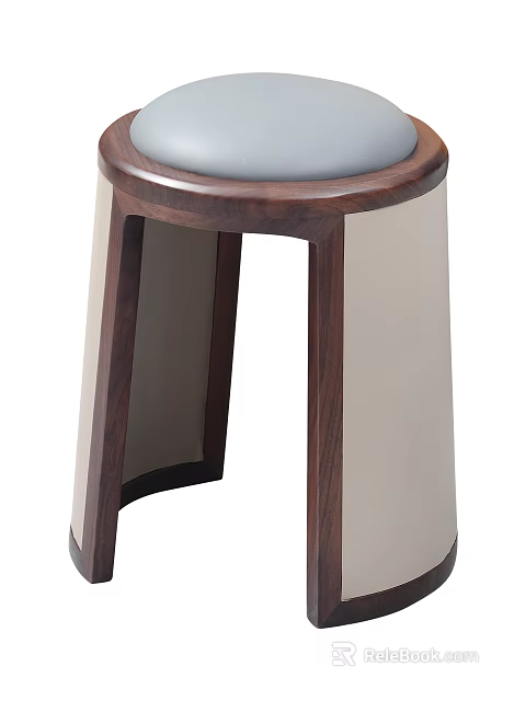 Modern Minimalist Stool with Walnut Wood Legs Beige Padded Seat and Curved Design Elements 3d model 