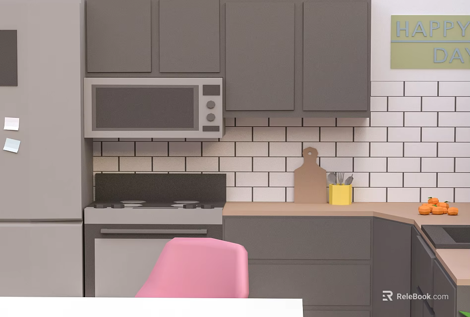 Grey Kitchen Cabinets With Microwave White Brick Wall Pink Chair And Countertop 3d model 