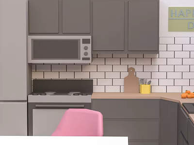 Grey Kitchen Cabinets With Microwave White Brick Wall Pink Chair And Countertop 3d model