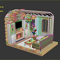 Pink Brick Wall Cartoon Living Room Scene With TV Fireplace Green Sofa And Plant