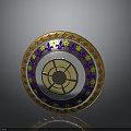 Decorative Round Shield Weapon Featuring Gold Purple Yellow Floral Patterns Ornate Border And Central Design