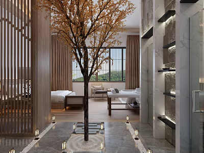 Luxurious Modern Hotel Room Interior With Decorative Tree Large Window Warm Lighting And Wooden Furniture 3d model