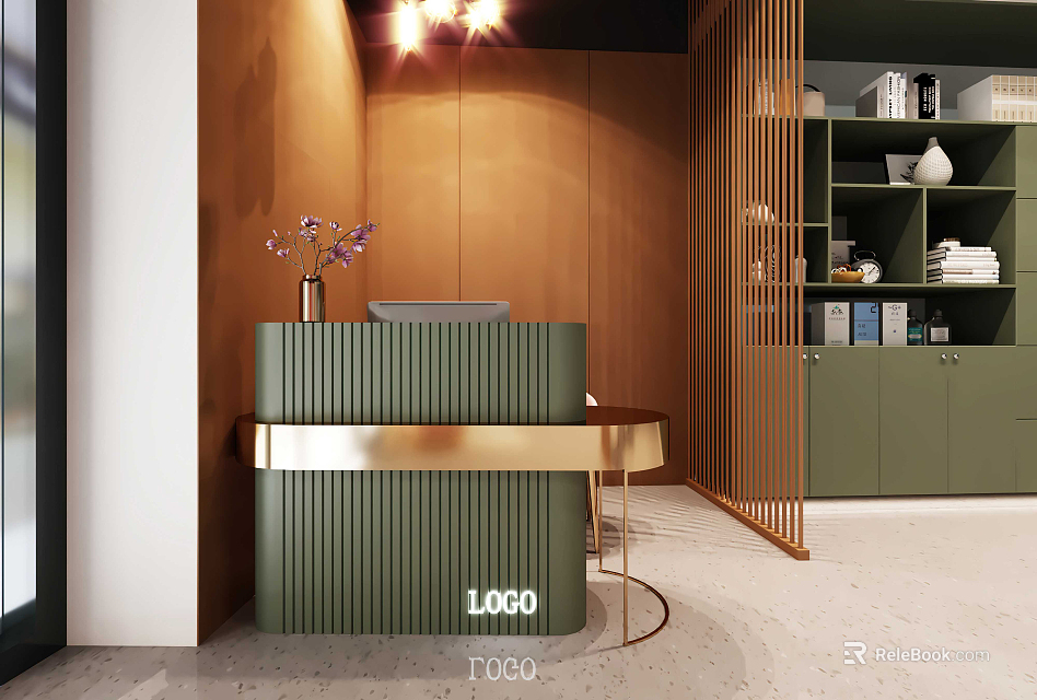 Modern Front Desk Reception Area with Green Counter Gold Accent and Wooden Slat Partition 3d model 