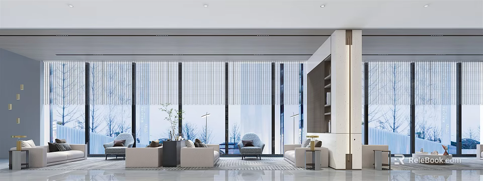 Hotel Lobby With Large Windows Bamboo Blinds Light Colored Sofas Gray Armchairs Green Plants And Bookshelf 3d model 