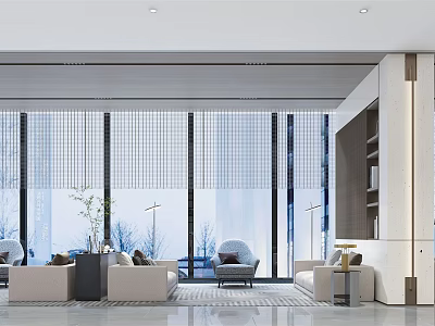 Hotel Lobby With Large Windows Bamboo Blinds Light Colored Sofas Gray Armchairs Green Plants And Bookshelf 3d model