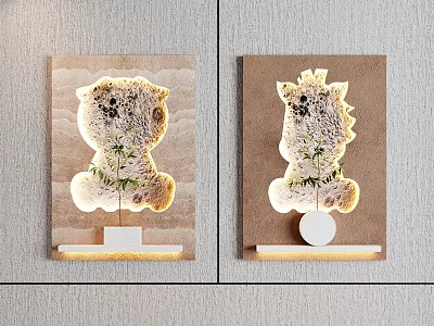 Animal Shaped Hollow Out Wall Decor With Small Plant And Wooden Base 3d model