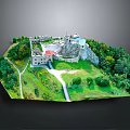 Garden Landscape Featuring Green Grass Trees Path Rocky Hill And Ancient Red Roof Building