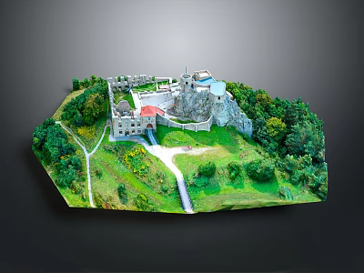 Garden Landscape Featuring Green Grass Trees Path Rocky Hill And Ancient Red Roof Building 3d model