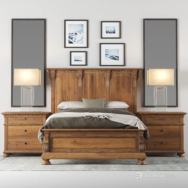 Wooden Bed Frame in Background with Nightstands Lamps and Wall Art Interior Design 3d model 