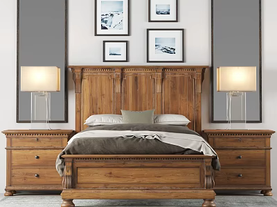 Wooden Bed Frame in Background with Nightstands Lamps and Wall Art Interior Design 3d model