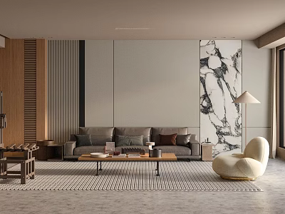 Modern Living Room Interior With Gray Sofa Marble Wall Wooden Accents And Striped Rug 3d model