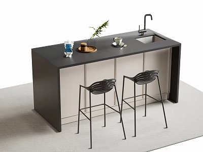 Modern Kitchen Bar Counter With Black Countertop White Cabinets Black Stools And Green Plant 3d model