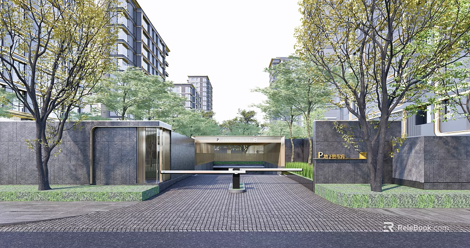 Modern Residential Entrance With Trees Paved Path Eunew Signage And Landscaping 3d model 