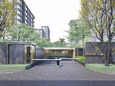 Modern Residential Entrance With Trees Paved Path Eunew Signage And Landscaping 3d model