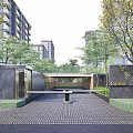Modern Residential Entrance With Trees Paved Path Eunew Signage And Landscaping