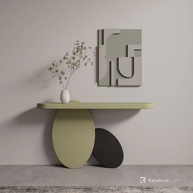 Modern Console Table With Oval Base Green Plant White Vase And Geometric Wall Art 3d model 