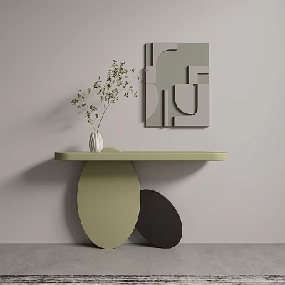 Modern Console Table With Oval Base Green Plant White Vase And Geometric Wall Art 3d model